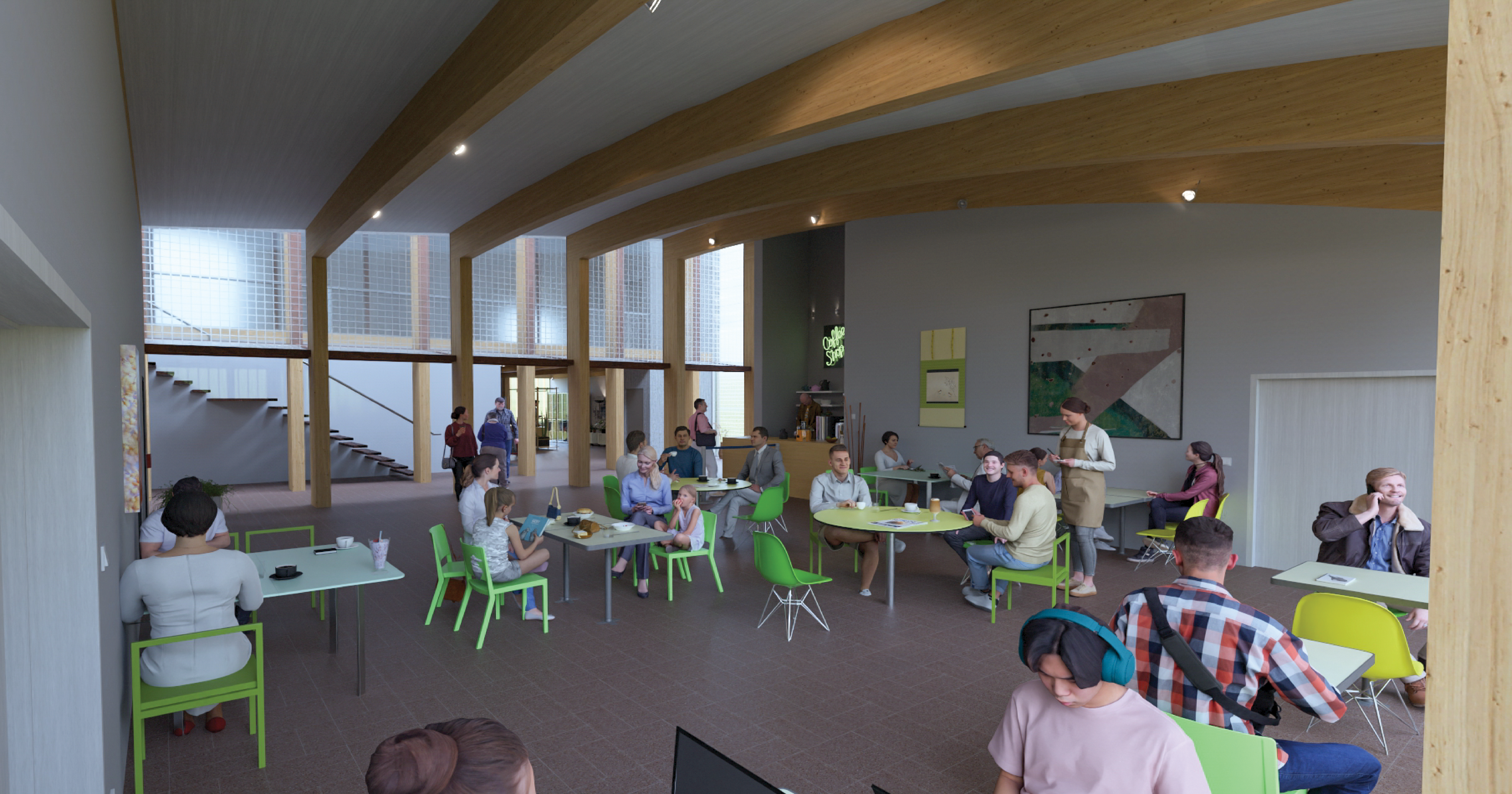 People collaborating in a modern room with wooden beams and large windows