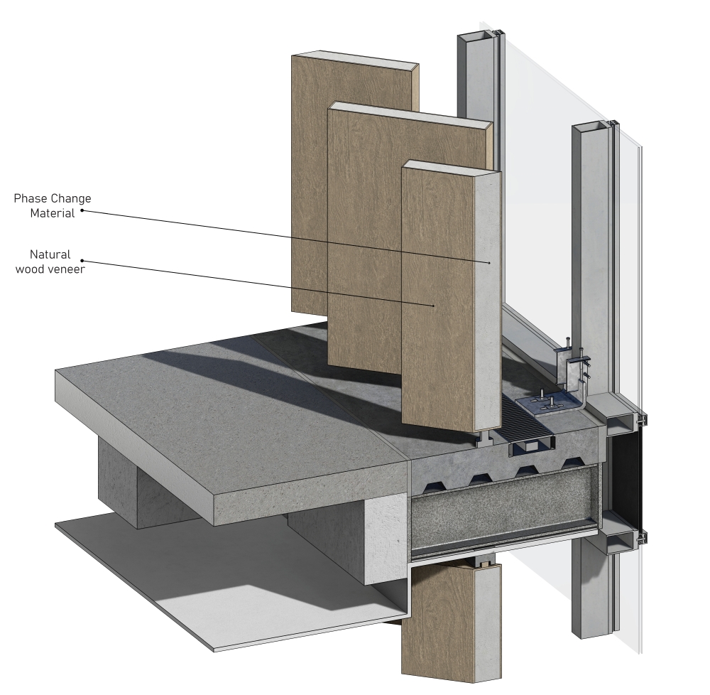 Cross-section of a building facade with phase change material panels, wood veneer, concrete floor slab, and glass curtain wall system
